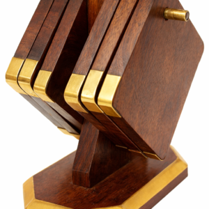 Square Wooden Coaster Set (Pack of 6) – Handcrafted Wood Drink Coasters with Brass Corners & Holder for Table Decor, Office & Home (Brown)