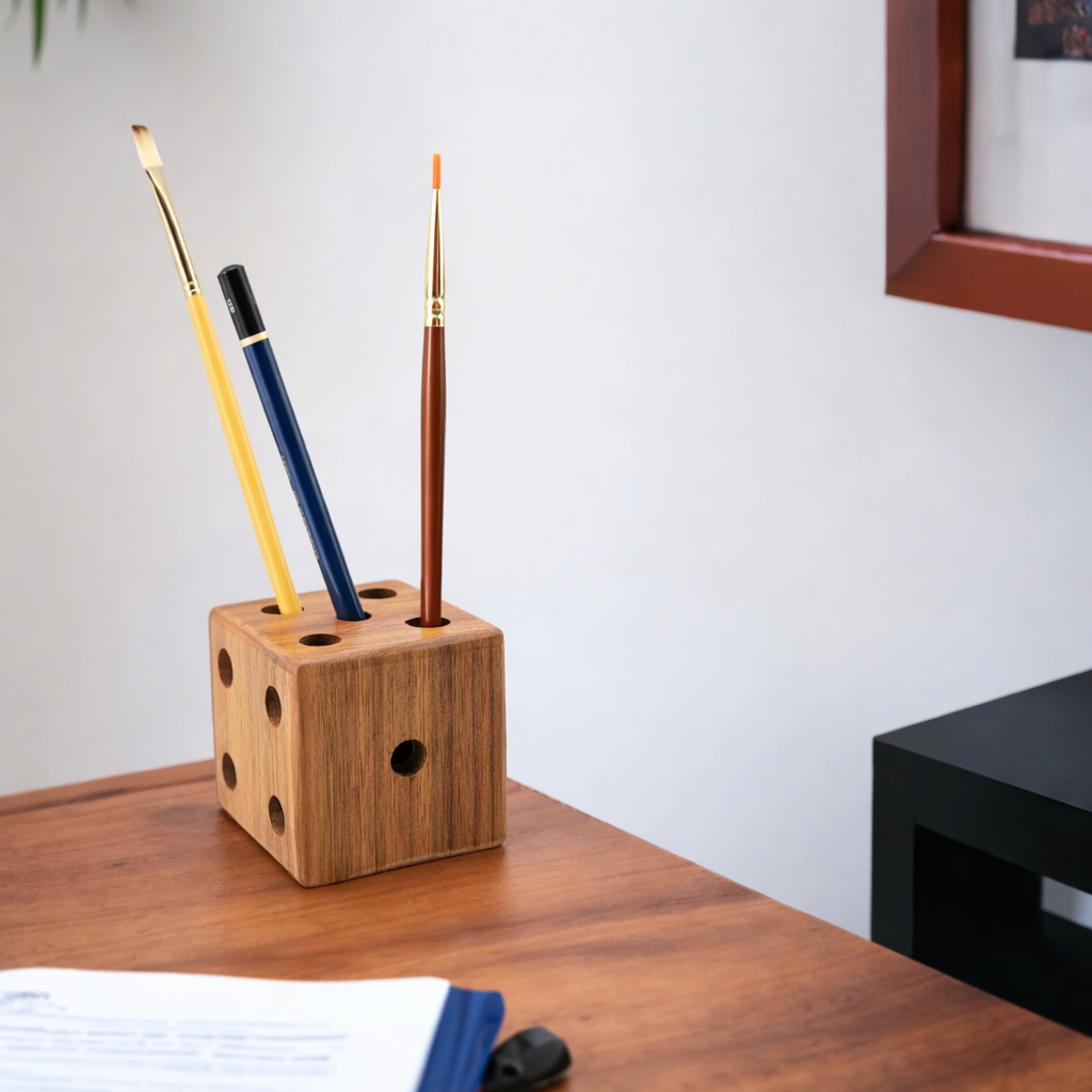 Dice Shape Wooden Pen Holder Organizer Showpiece – Handcrafted Desk Organizer for Office & Home Decor (5.5 cm, Brown) - Image 4