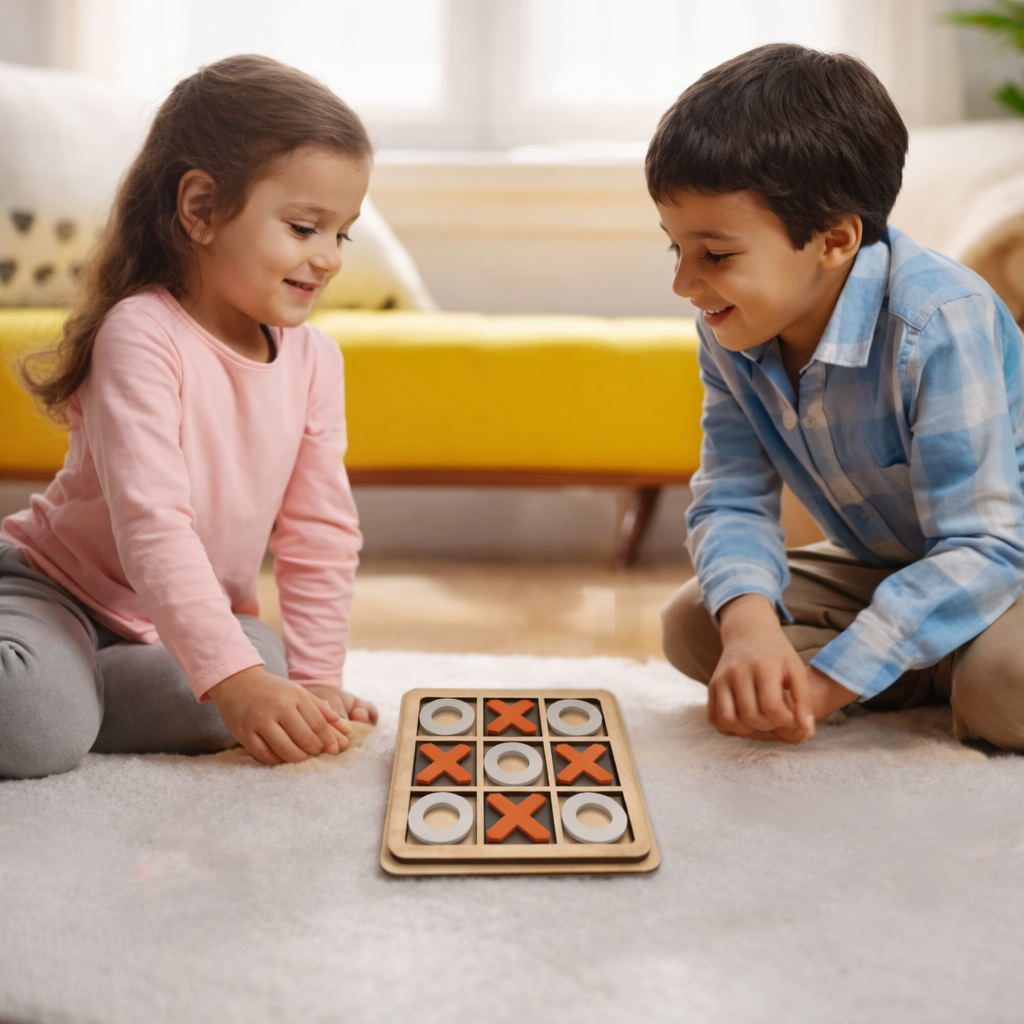 Wooden Tic Tac Toe Game Showpiece – Multicolor Decorative Board Game for Table Decor, Kids & Adults (12 cm) - Image 3