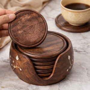 Round Reversible Wooden Coaster Set (Pack of 6) with Holder – Premium Brown Wood Drink Coasters