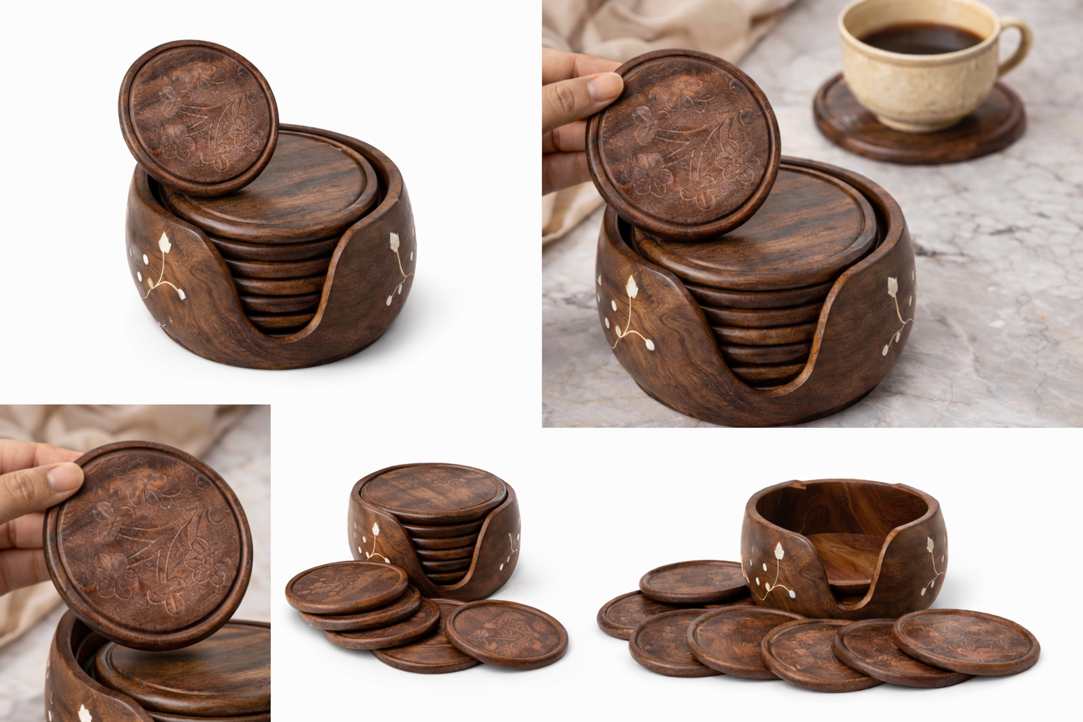 Round Reversible Wooden Coaster Set (Pack of 6) with Holder – Premium Brown Wood Drink Coasters - Image 2