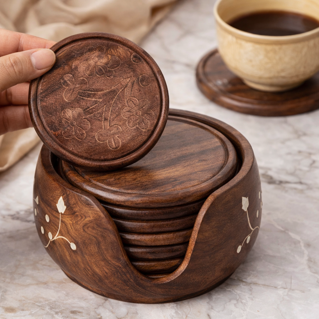 Round Reversible Wooden Coaster Set (Pack of 6) with Holder – Premium Brown Wood Drink Coasters